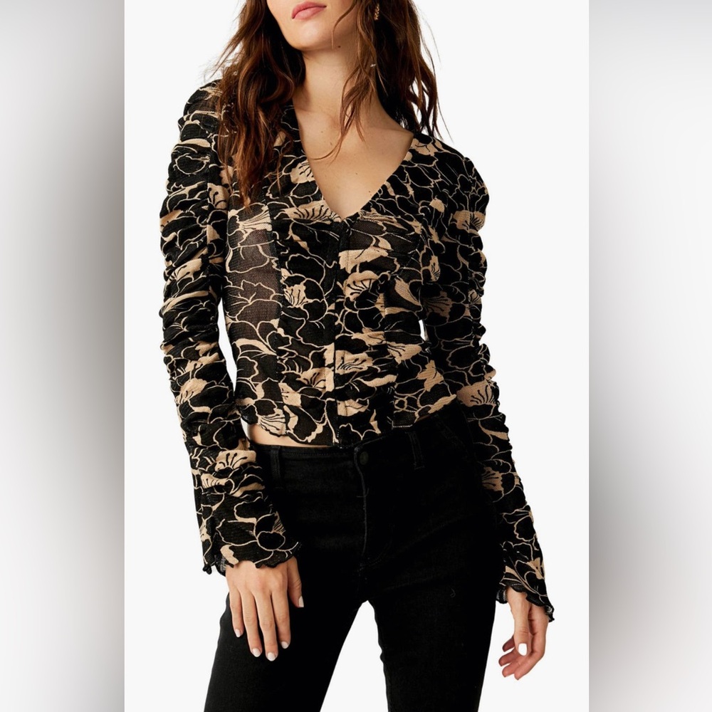 NWT Free People Through the Meadow Ruched Mesh Top, Black Combo, Size M